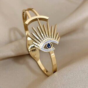 Bracelet Bangle Third Eye Rhinestones Cuff Evil Eyelash Gold Glam Luck Egyptian